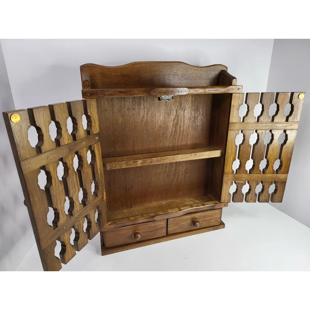 Vintage Wooden Wall Spice Rack Apothecary Cabinet Lattice Doors Drawers Taiwan